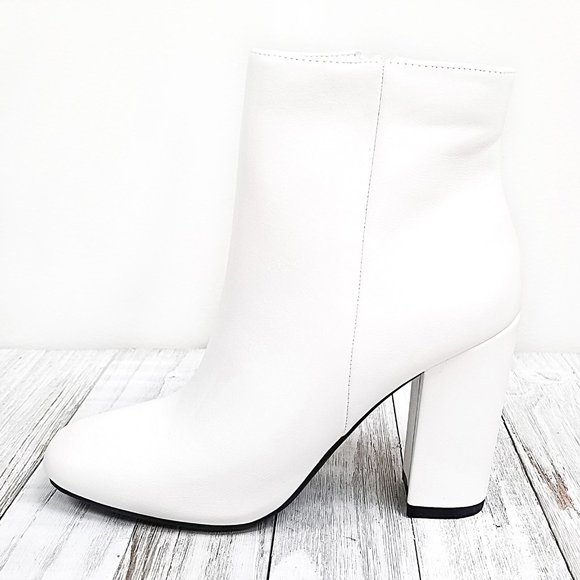 New White Chunky Heel Square Toe Bootie Ankle Boot - Picture 3 of 6